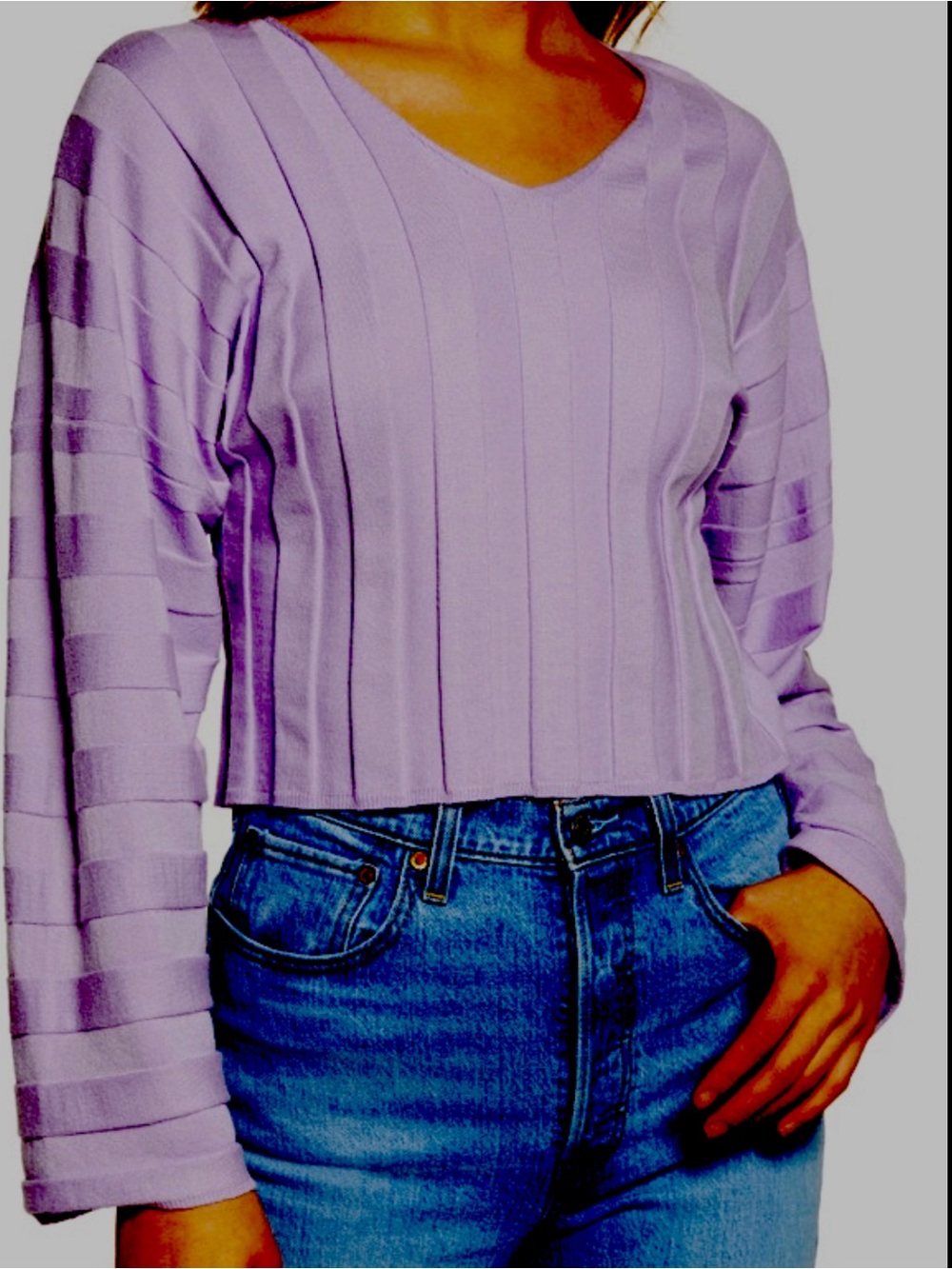 Cotton Emporium Lavender Dolman Crop Rib V-Neck Spring Wide Sleeve Sweater Sz M
